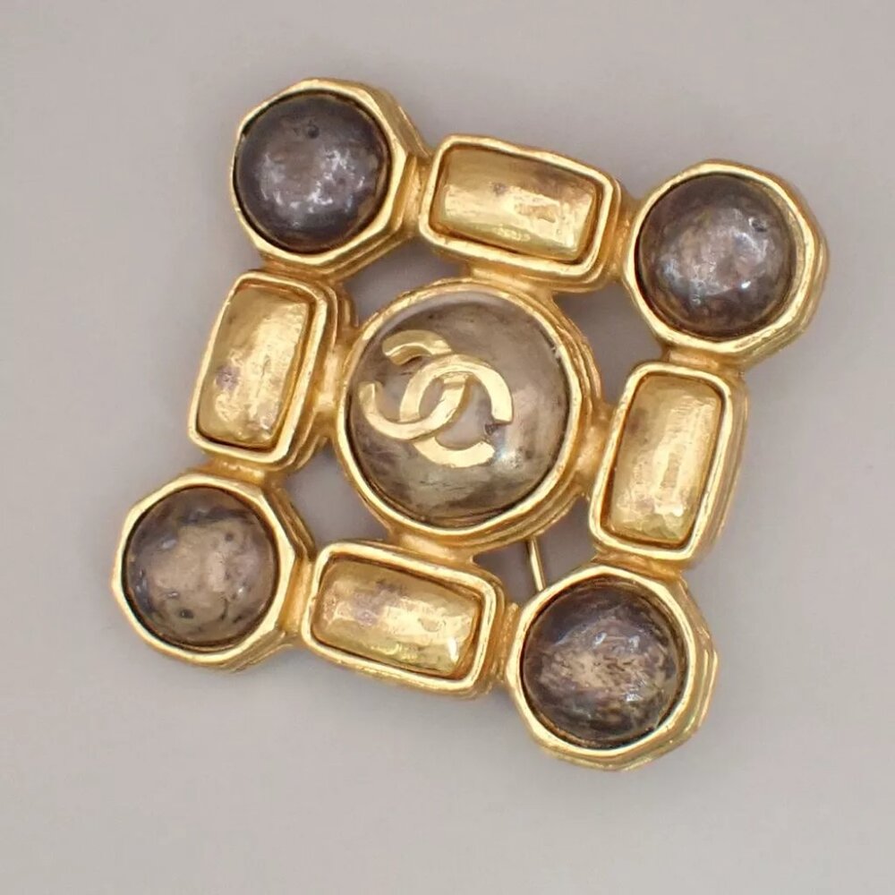 CHANEL CC Logo Pin Brooch 97A Square Gold France Vintage Accessory 93RK083